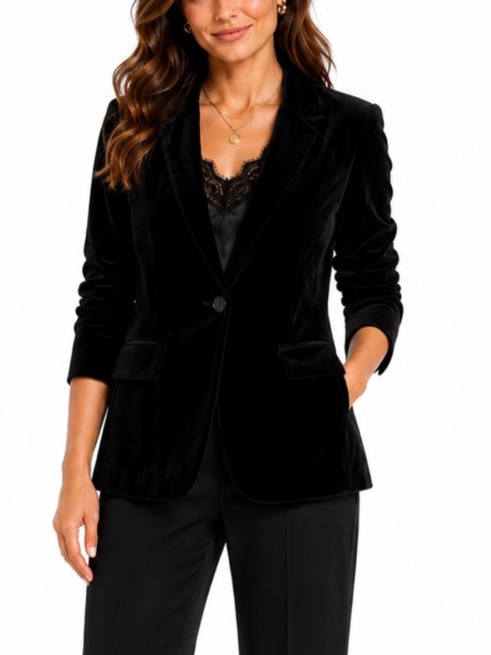 Hillard & Hanson Black Velvet One-Button Blazer Jacket Women’s Size 10 Classic
